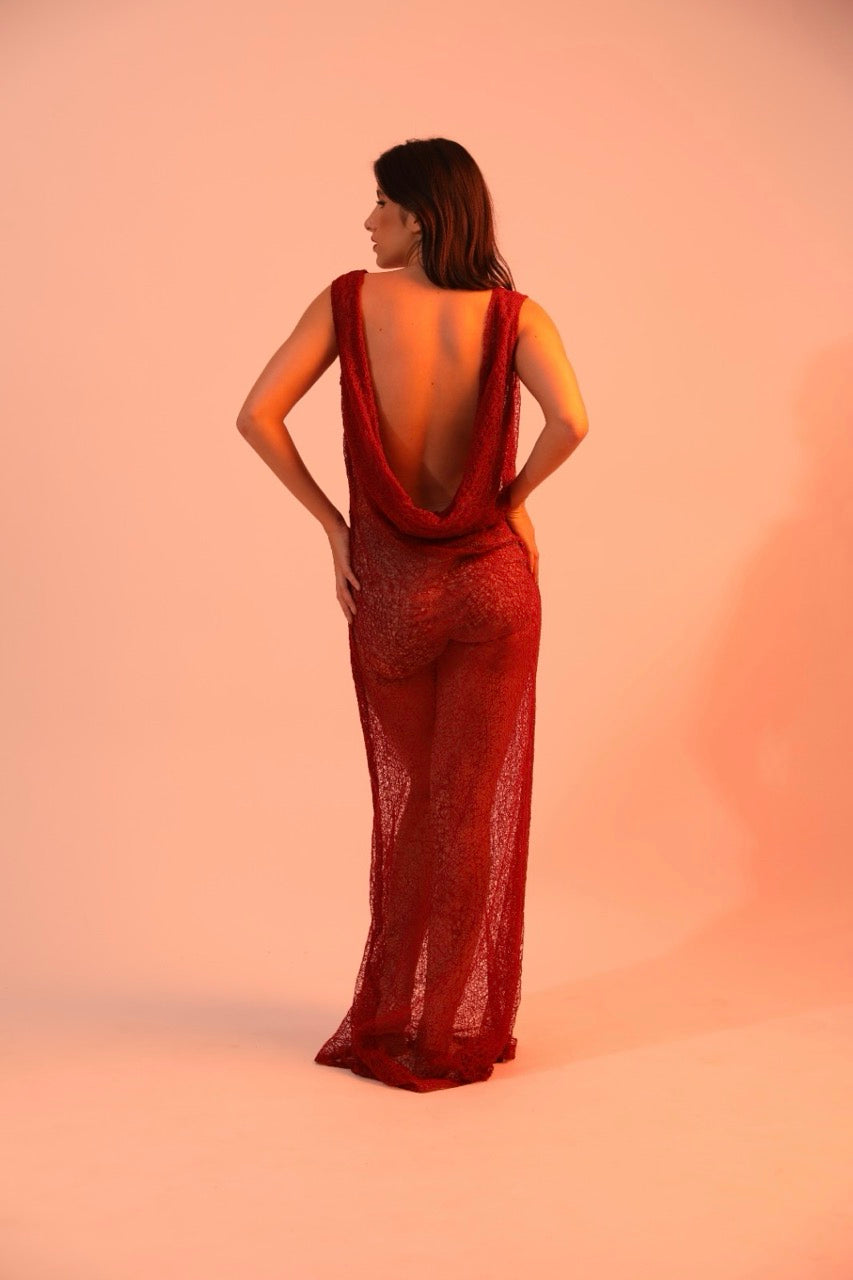 Backless Red Dissolvable Fabric Dress